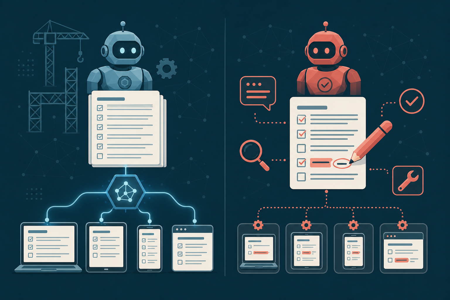 Two AI agents with different jobs: a builder agent that compiles a questionnaire into an intermediate survey format and deploys it across platforms, and an editor agent that interprets change requests and makes targeted, platform-specific fine-tuning edits