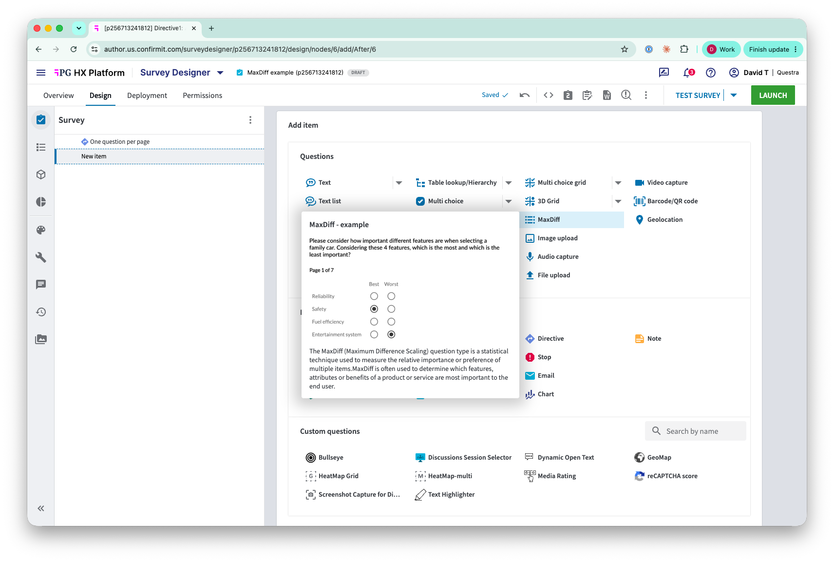 ConfirmIt Survey Designer — selecting the MaxDiff question type from the Add item menu