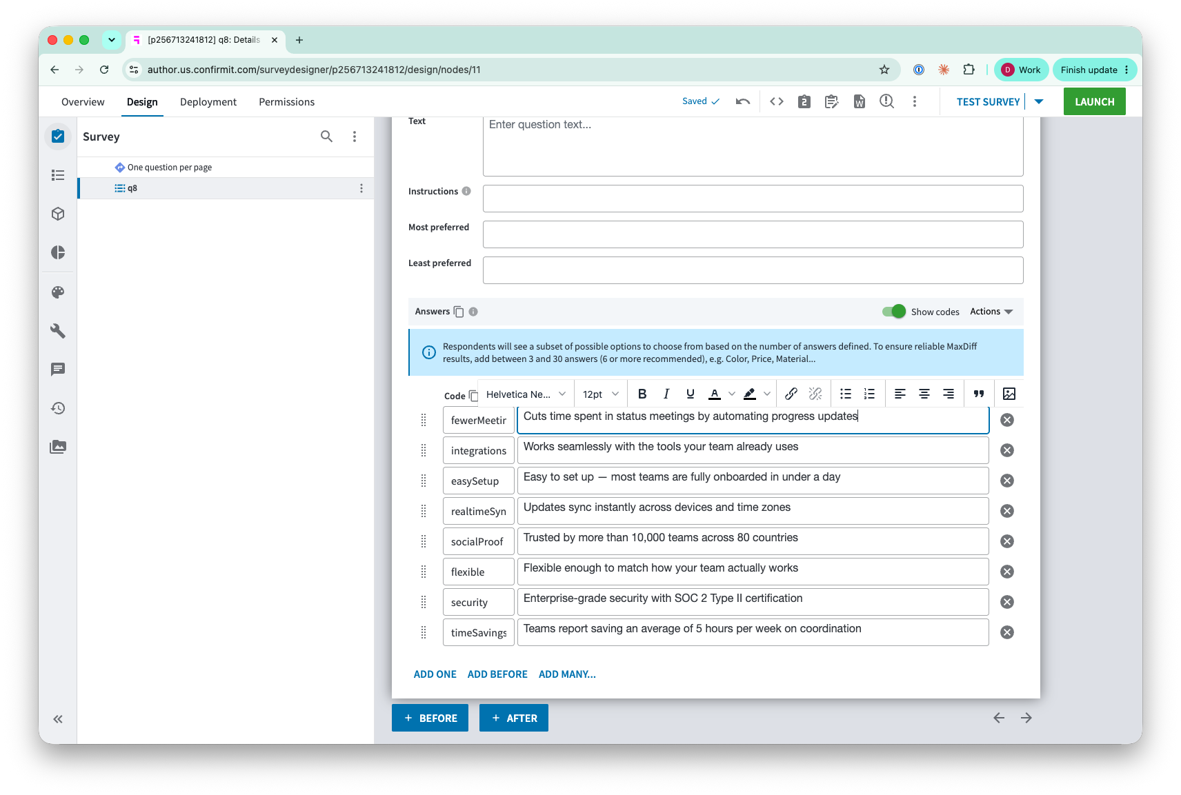 ConfirmIt MaxDiff answer list — eight items with lower camelCase codes and statement text